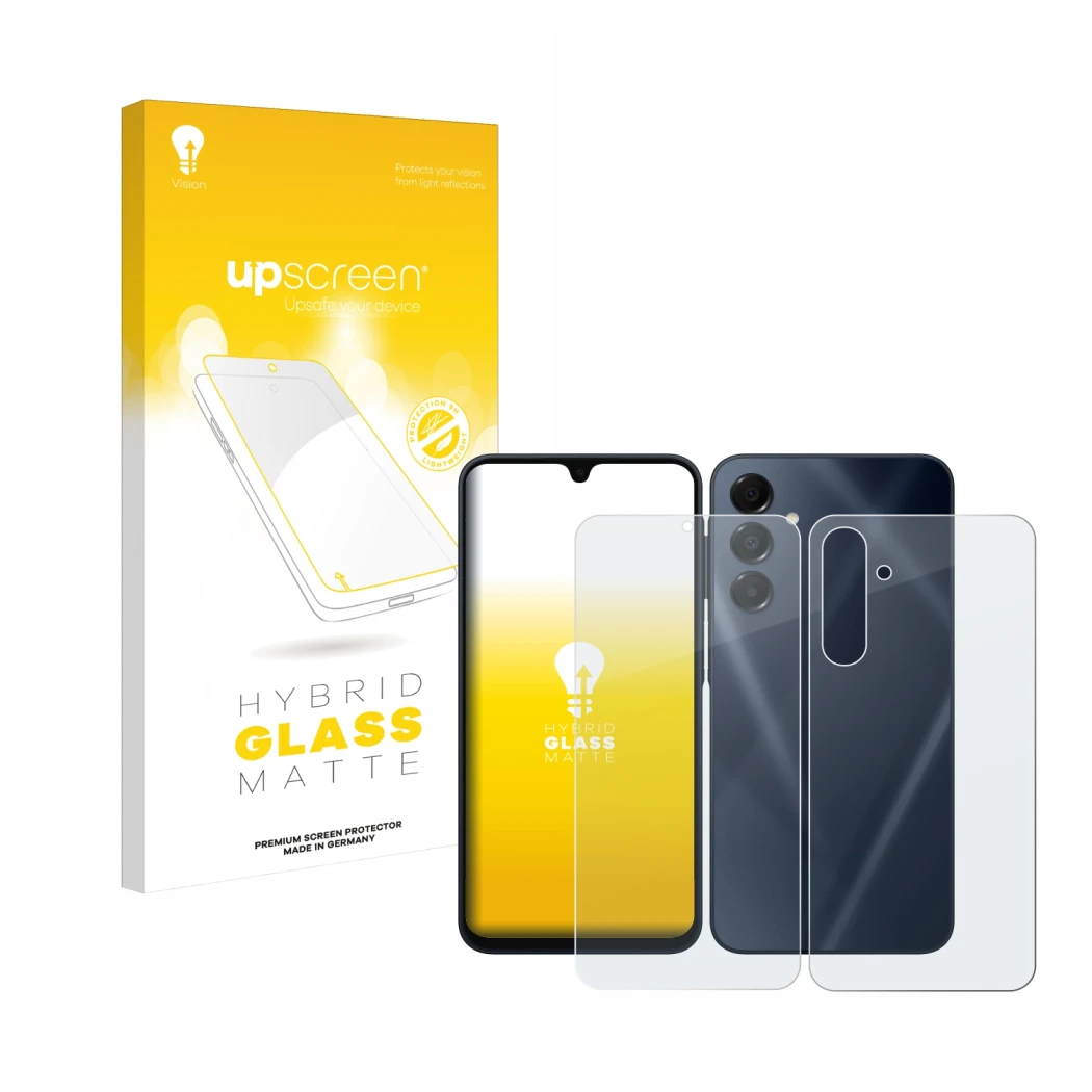 Face avant d’un emballage produit avec le logo de la marque upscreen. À côté, l’appareil Samsung Galaxy A16 5G (Avant+Arrière)