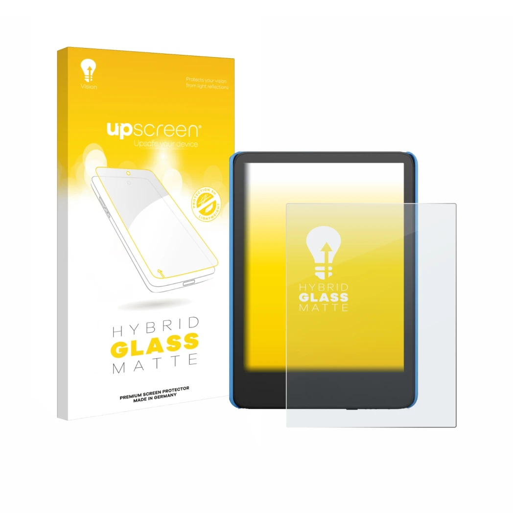 Face avant d’un emballage produit avec le logo de la marque upscreen. À côté, l’appareil Amazon Kindle Kids (2024) est représe