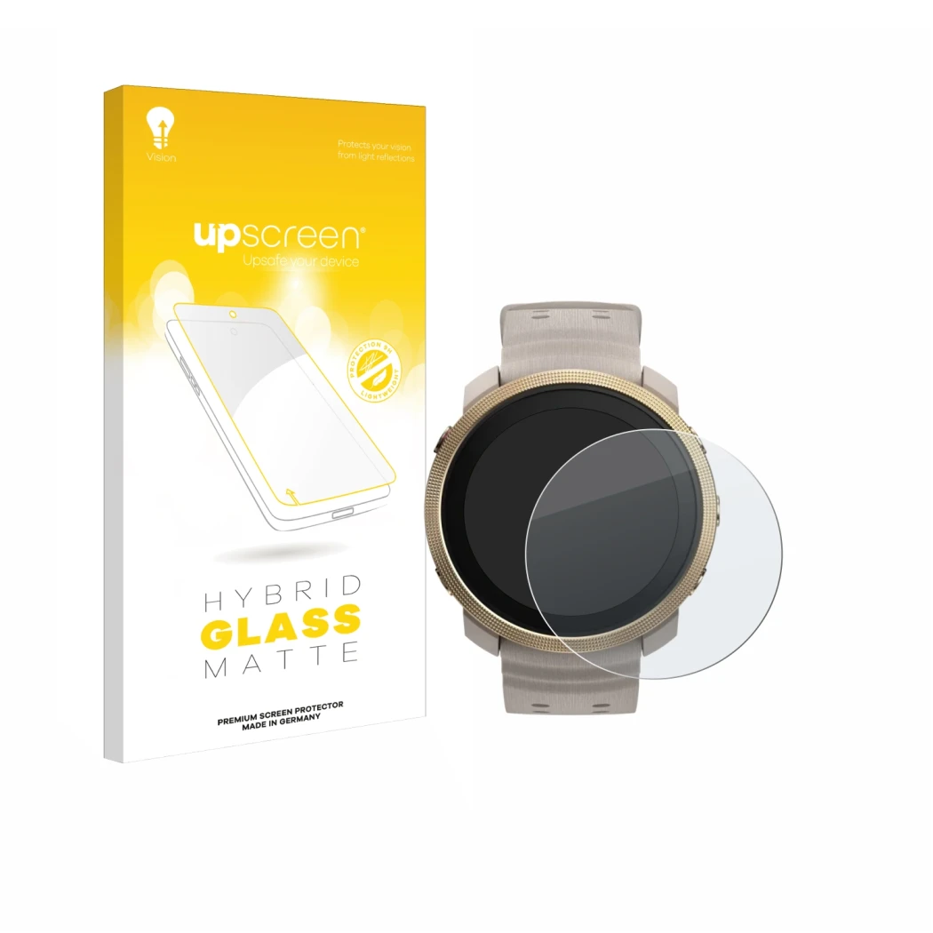 Face avant d’un emballage produit avec le logo de la marque upscreen. À côté, l’appareil Polar Vantage M3 est représenté avec 