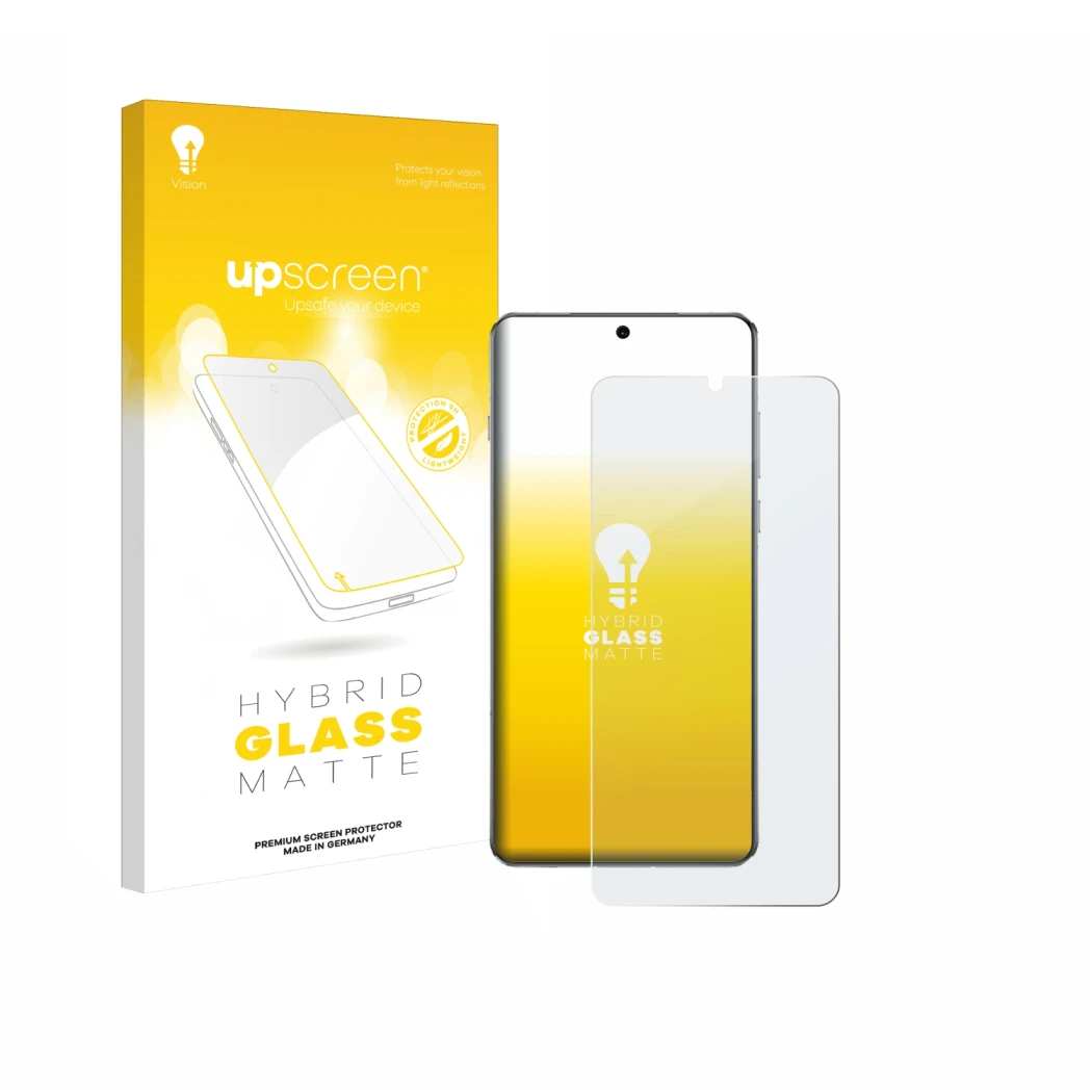 Face avant d’un emballage produit avec le logo de la marque upscreen. À côté, l’appareil OnePlus 13 est représenté avec la pro