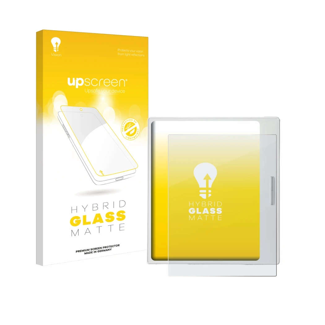 Face avant d’un emballage produit avec le logo de la marque upscreen. À côté, l’appareil Boox Go Color 7 White Edition est rep