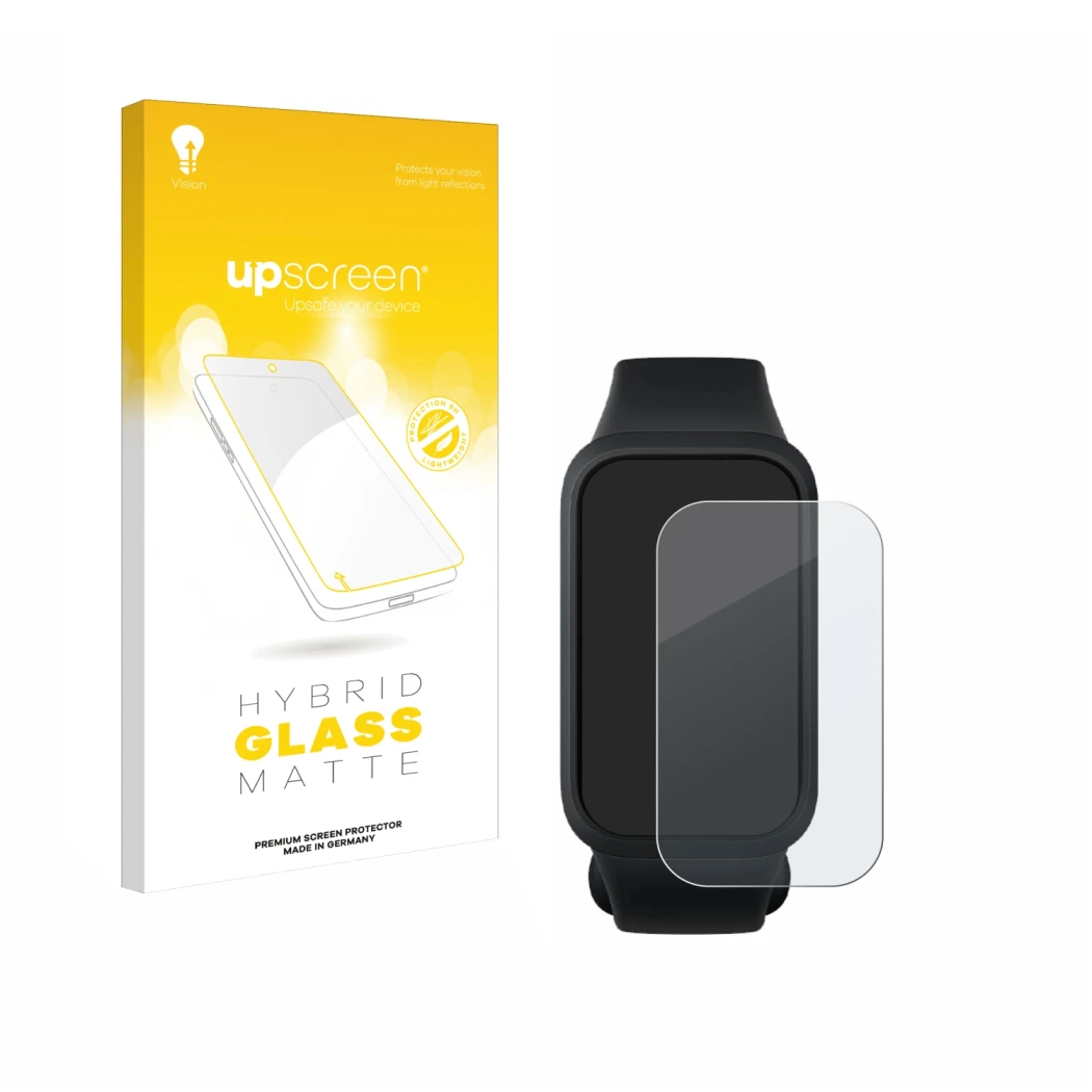 Face avant d’un emballage produit avec le logo de la marque upscreen. À côté, l’appareil Xiaomi Smart Band 9 Active est représ