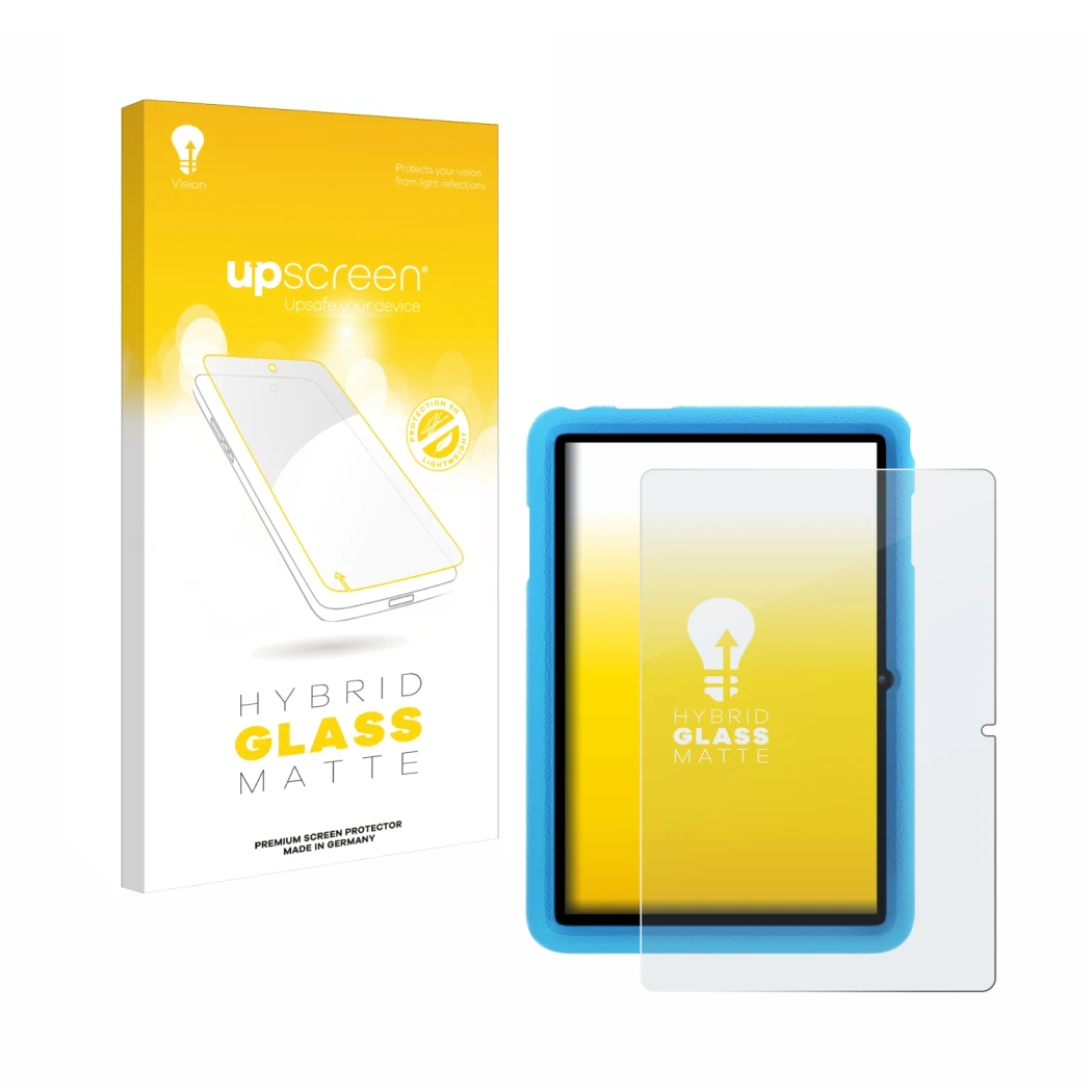 Face avant d’un emballage produit avec le logo de la marque upscreen. À côté, l’appareil Blackview Tab 8 Kids est représenté a