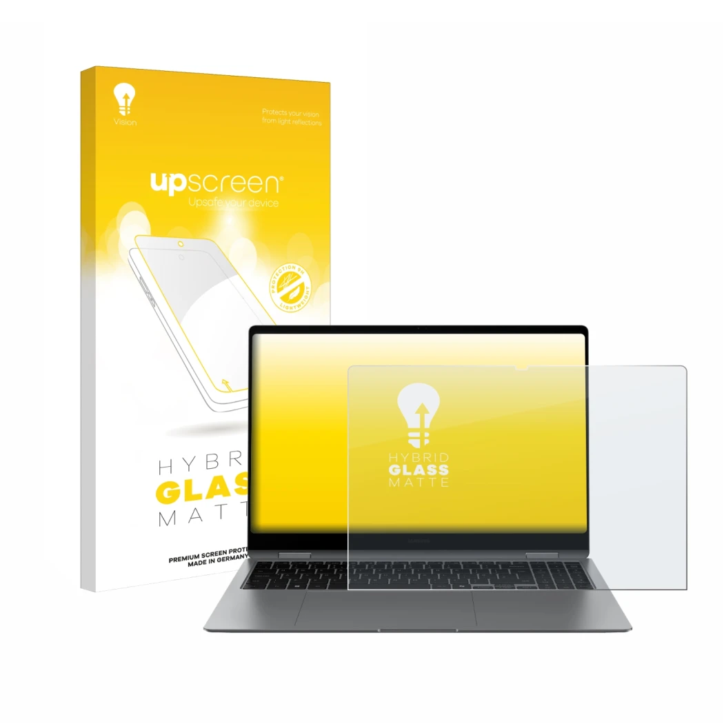 Face avant d’un emballage produit avec le logo de la marque upscreen. À côté, l’appareil Samsung Galaxy Book5 Pro 360 16