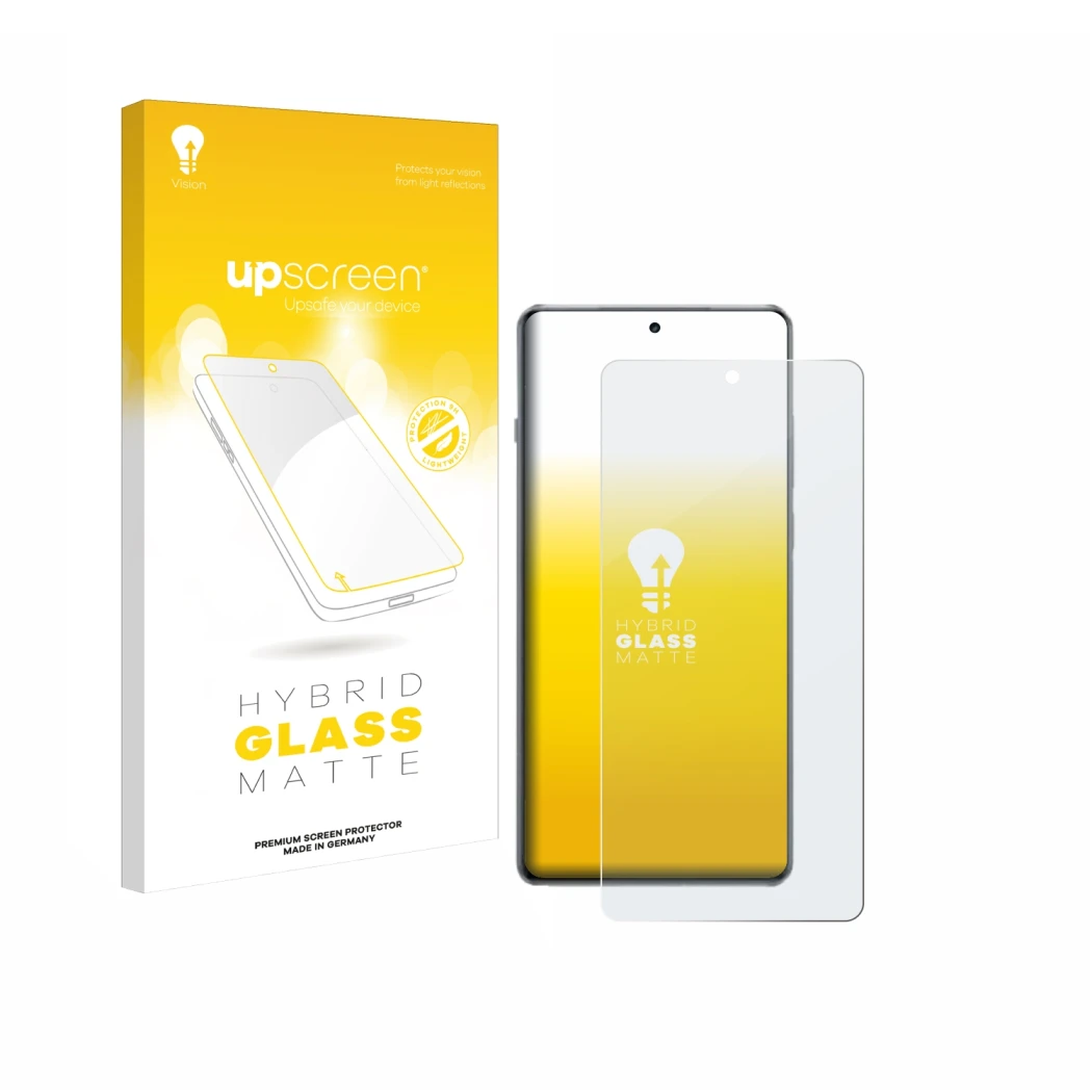 Face avant d’un emballage produit avec le logo de la marque upscreen. À côté, l’appareil OnePlus 13R est représenté avec la pr