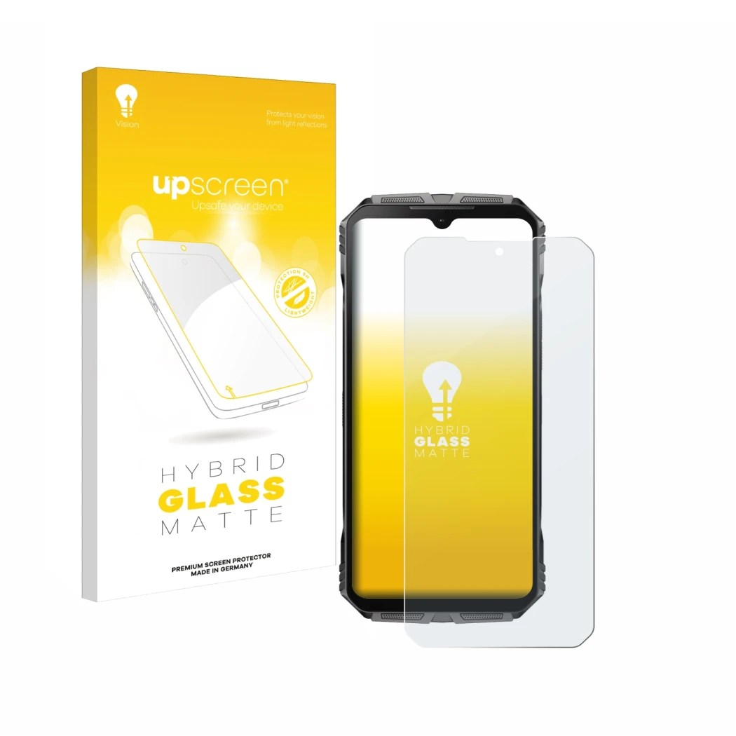 Face avant d’un emballage produit avec le logo de la marque upscreen. À côté, l’appareil Doogee S Cyber est représenté avec la