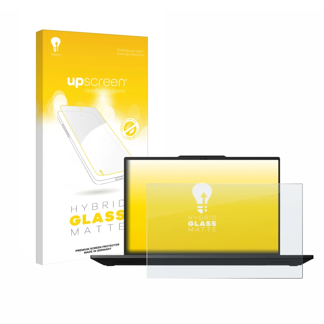 Face avant d’un emballage produit avec le logo de la marque upscreen. À côté, l’appareil Lenovo ThinkPad P14s Gen 5 14.5