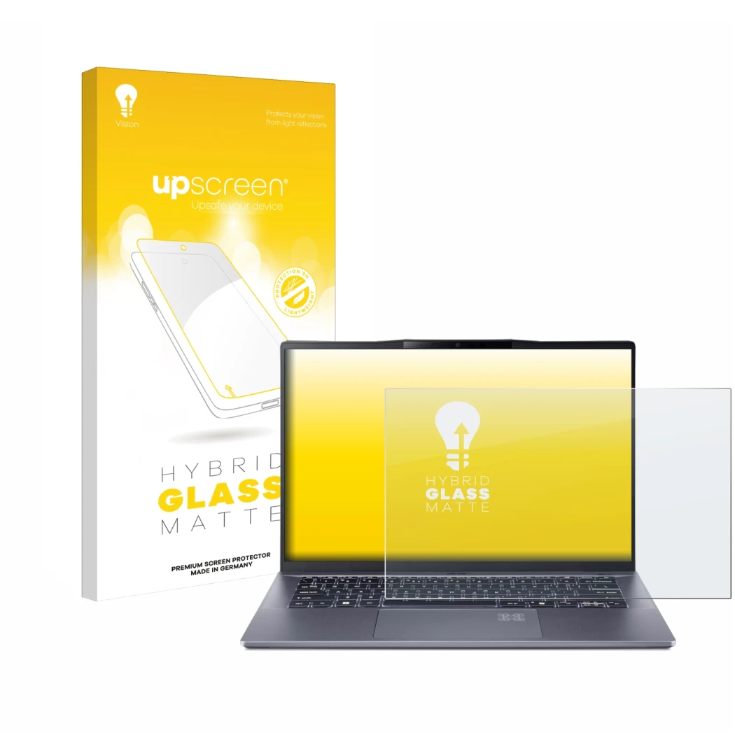 Face avant d’un emballage produit avec le logo de la marque upscreen. À côté, l’appareil Acer Swift Go 14 AI est représenté av