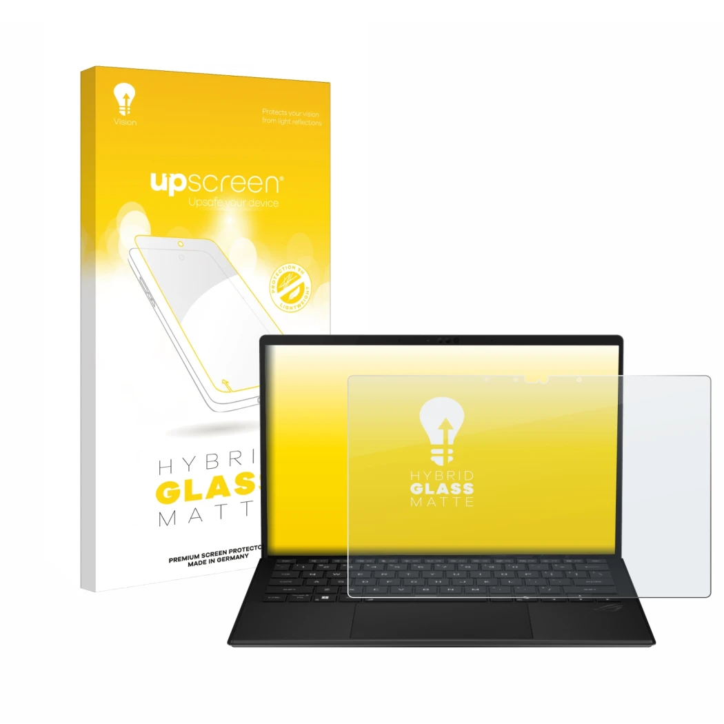 Face avant d’un emballage produit avec le logo de la marque upscreen. À côté, l’appareil ASUS ROG Flow Z13 2025 est représenté