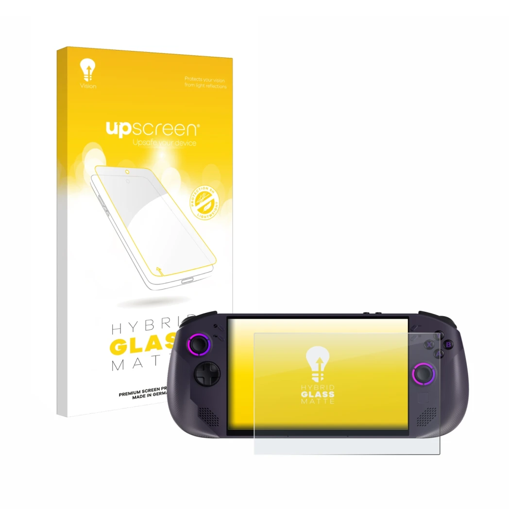 Face avant d’un emballage produit avec le logo de la marque upscreen. À côté, l’appareil Lenovo Legion Go S est représenté ave