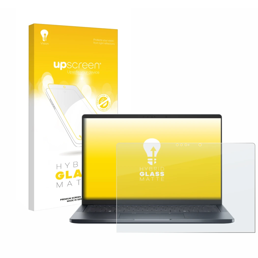 Face avant d’un emballage produit avec le logo de la marque upscreen. À côté, l’appareil Dell Pro 14 Premium PA14250 Touch est