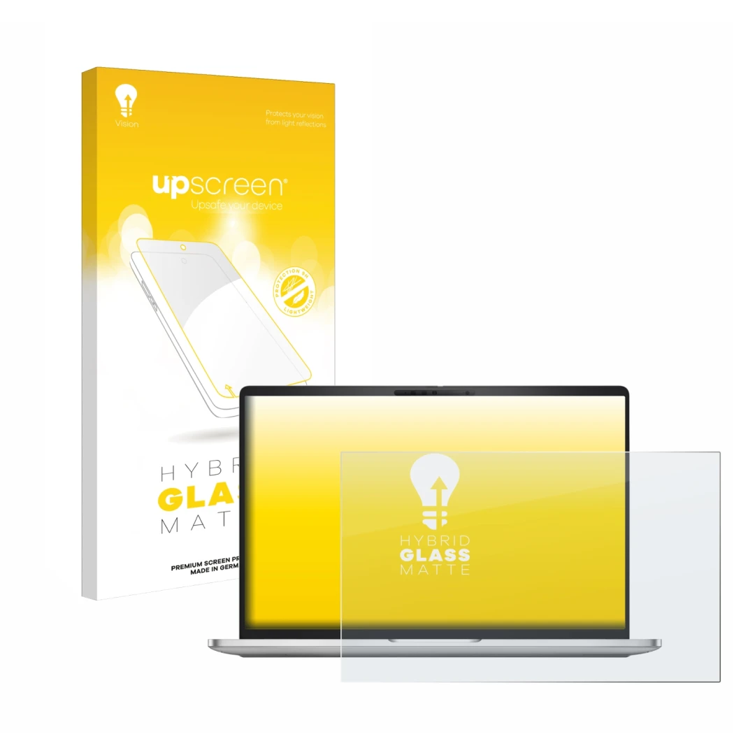 Face avant d’un emballage produit avec le logo de la marque upscreen. À côté, l’appareil Dell Pro 16 Plus PB16250 est représen