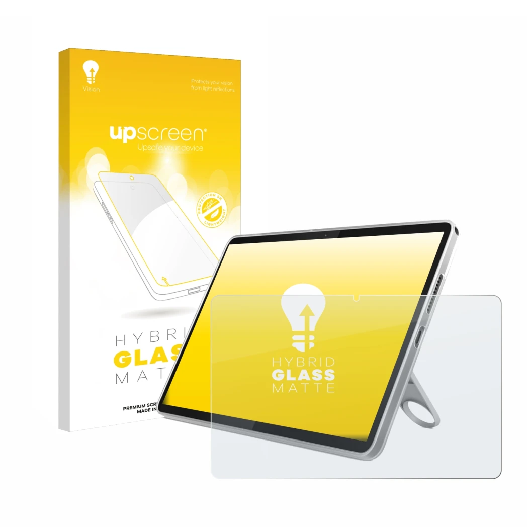 Face avant d’un emballage produit avec le logo de la marque upscreen. À côté, l’appareil Lenovo Tab 10.1