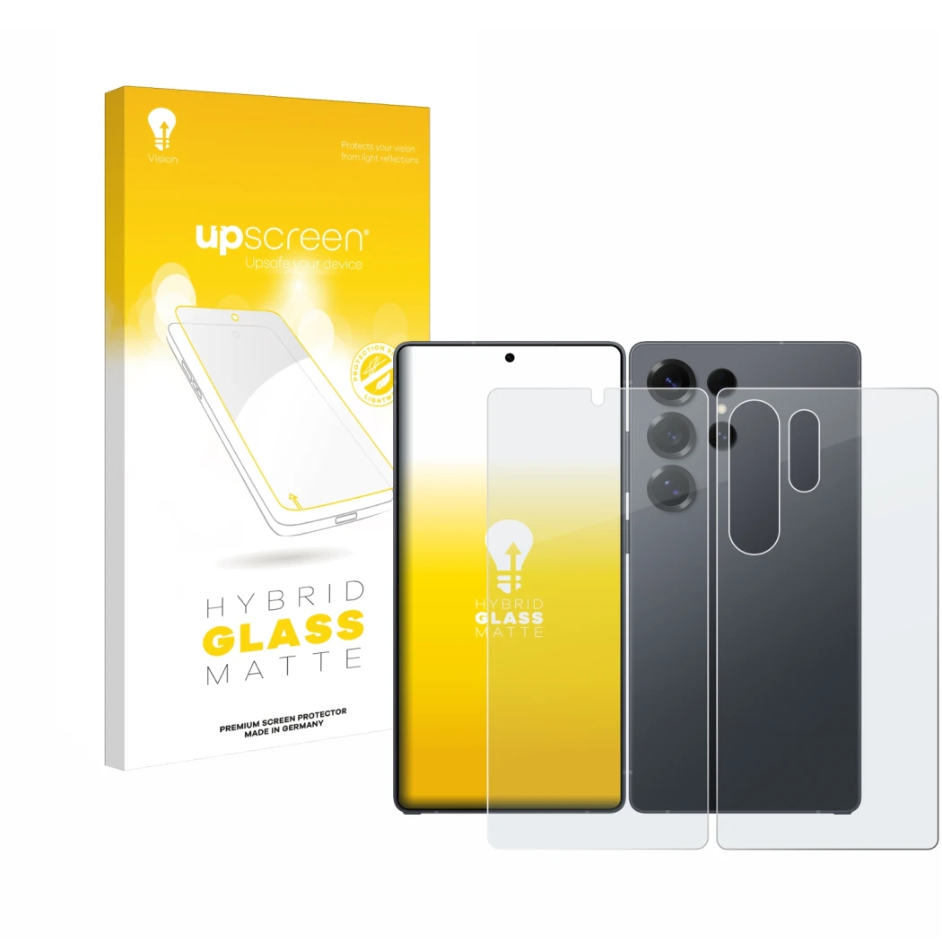 Face avant d’un emballage produit avec le logo de la marque upscreen. À côté, l’appareil Samsung Galaxy S25 Ultra Enterprise E