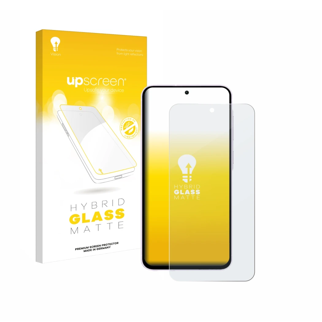 Face avant d’un emballage produit avec le logo de la marque upscreen. À côté, l’appareil Samsung Galaxy A56 5G est représenté 