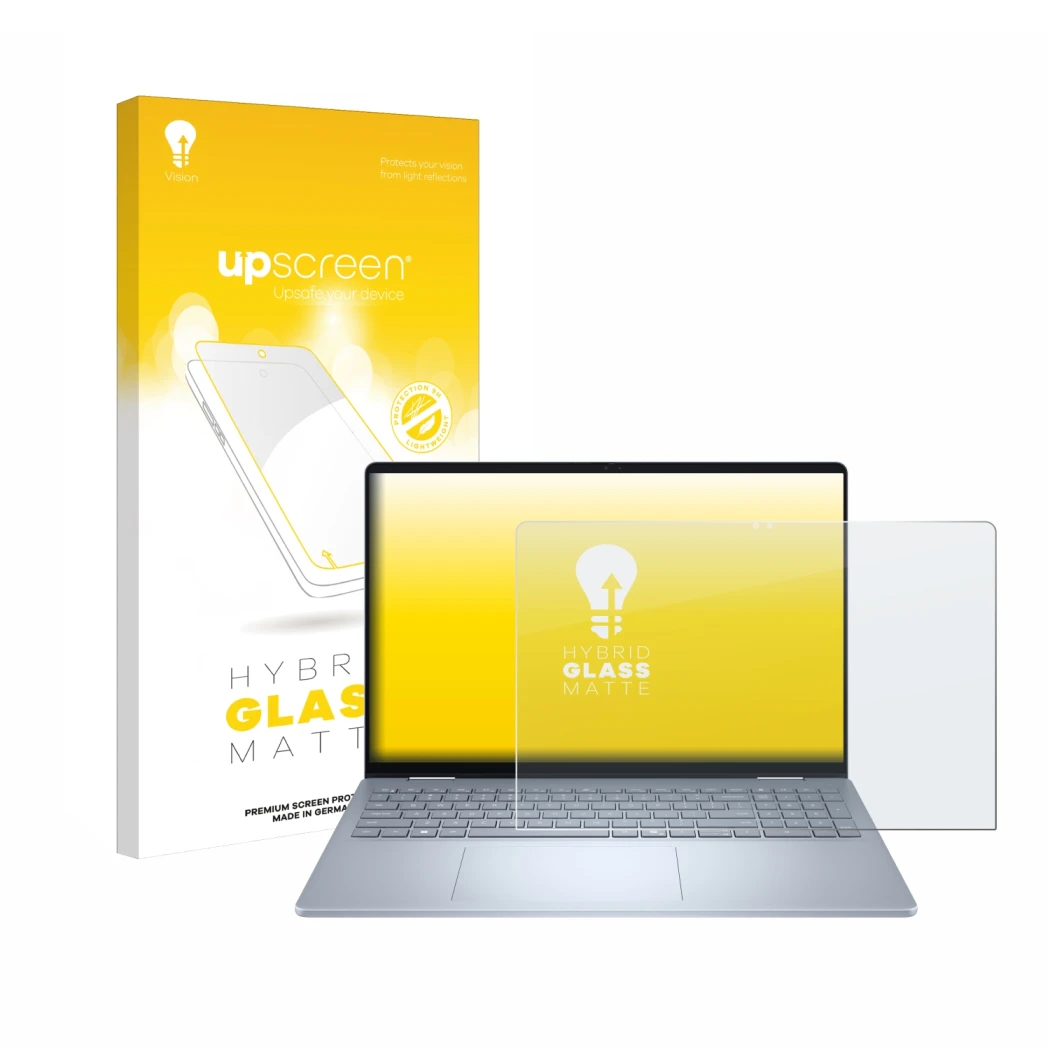 Face avant d’un emballage produit avec le logo de la marque upscreen. À côté, l’appareil Dell 16 Plus-2-in-1 est représenté av