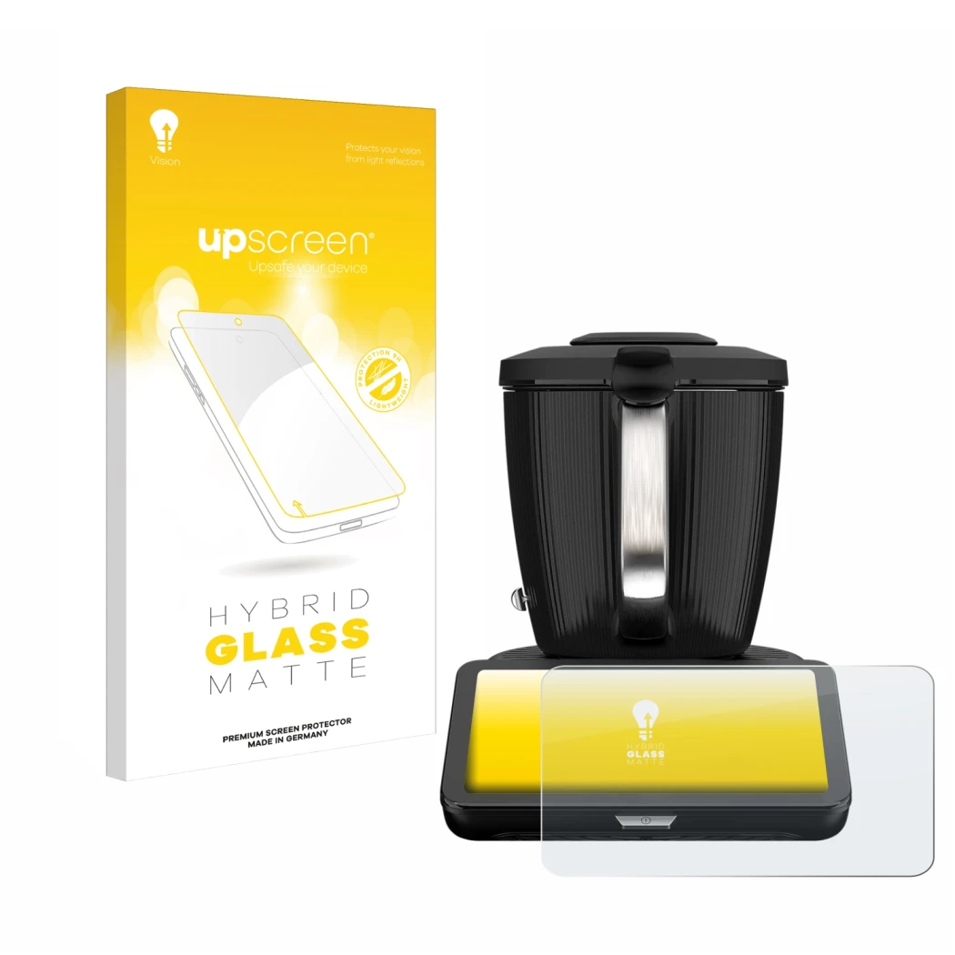 Face avant d’un emballage produit avec le logo de la marque upscreen. À côté, l’appareil Vorwerk Thermomix TM7 est représenté 