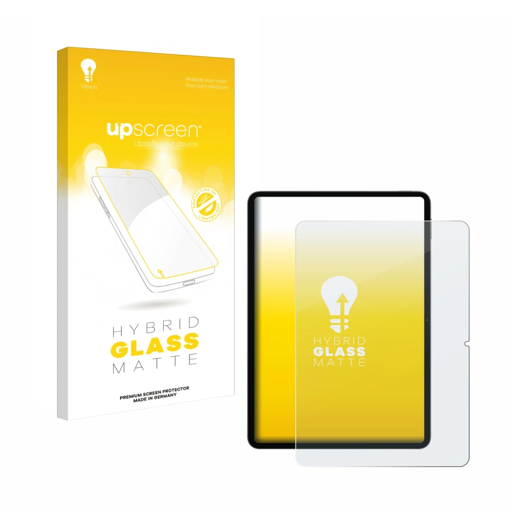 Face avant d’un emballage produit avec le logo de la marque upscreen. À côté, l’appareil Xiaomi Pad 7 Pro est représenté avec 