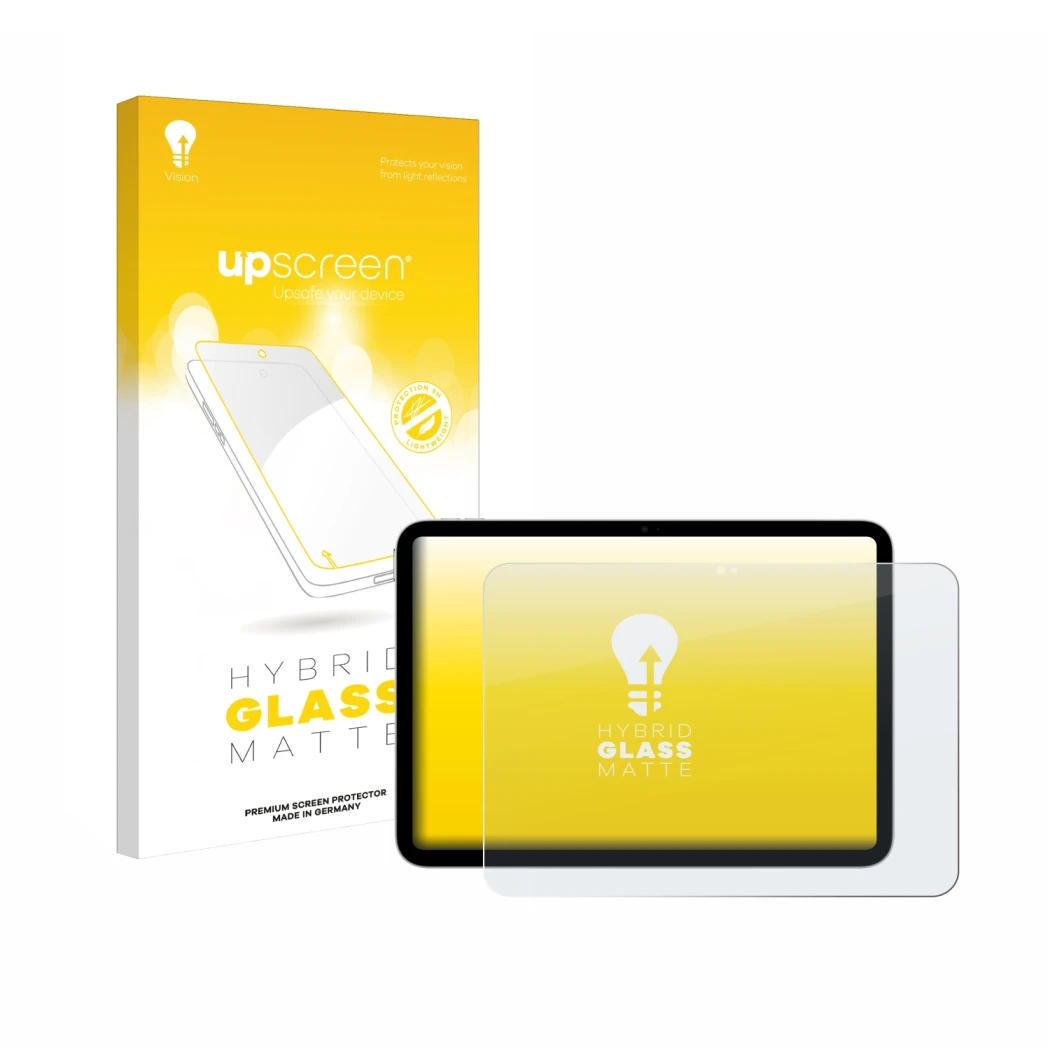 Face avant d’un emballage produit avec le logo de la marque upscreen. À côté, l’appareil Apple iPad A16 11