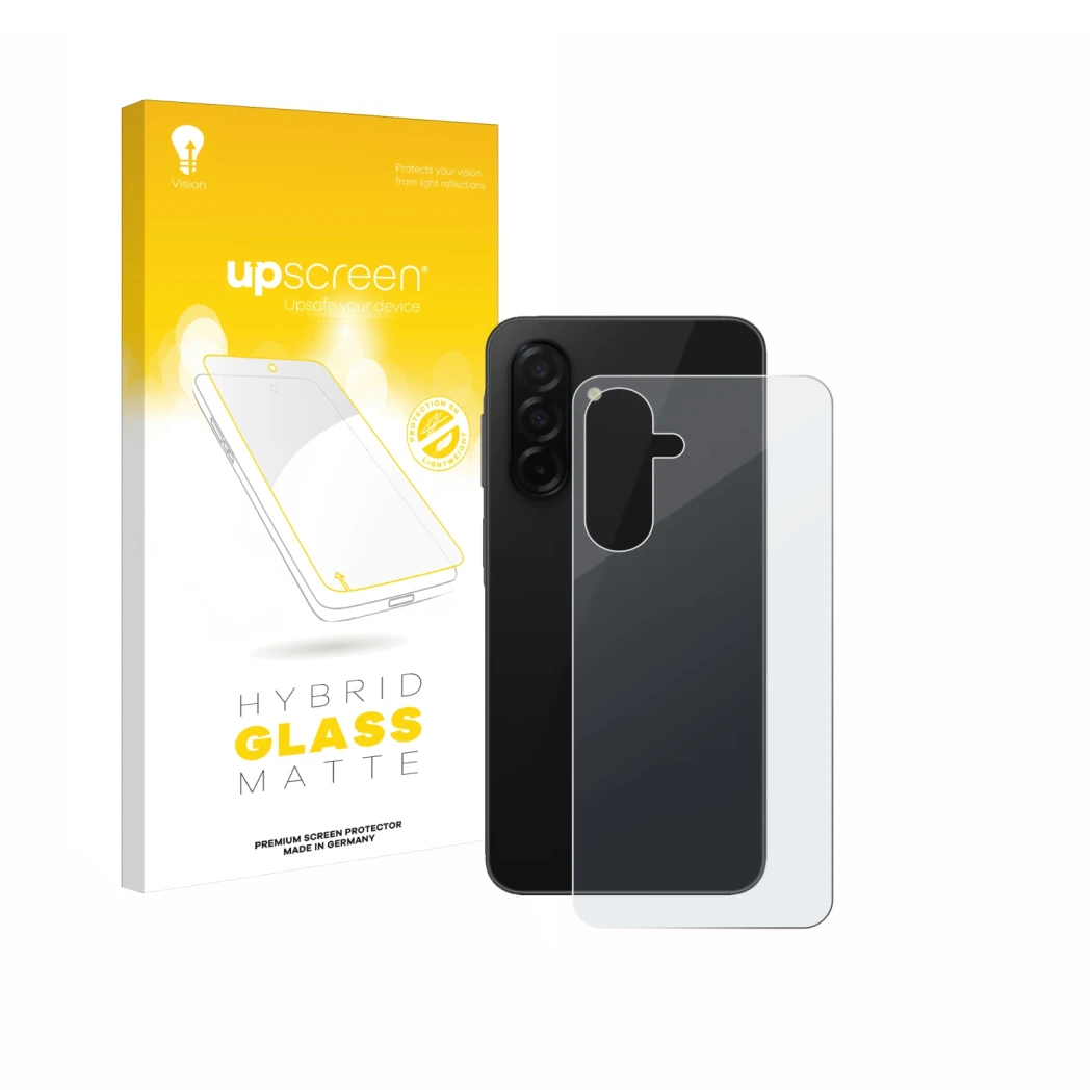 Face avant d’un emballage produit avec le logo de la marque upscreen. À côté, l’appareil Samsung Galaxy A26 5G (Arrière) est r