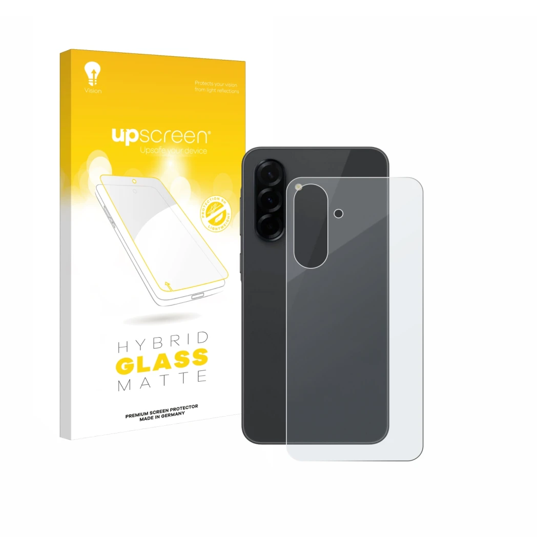 Face avant d’un emballage produit avec le logo de la marque upscreen. À côté, l’appareil Samsung Galaxy A36 5G (Arrière) est r