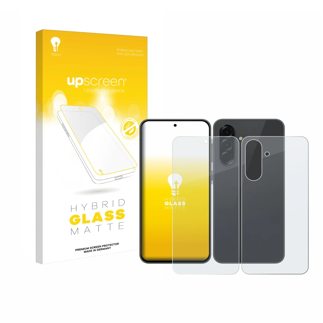 Face avant d’un emballage produit avec le logo de la marque upscreen. À côté, l’appareil Samsung Galaxy A36 5G (Avant+Arrière)