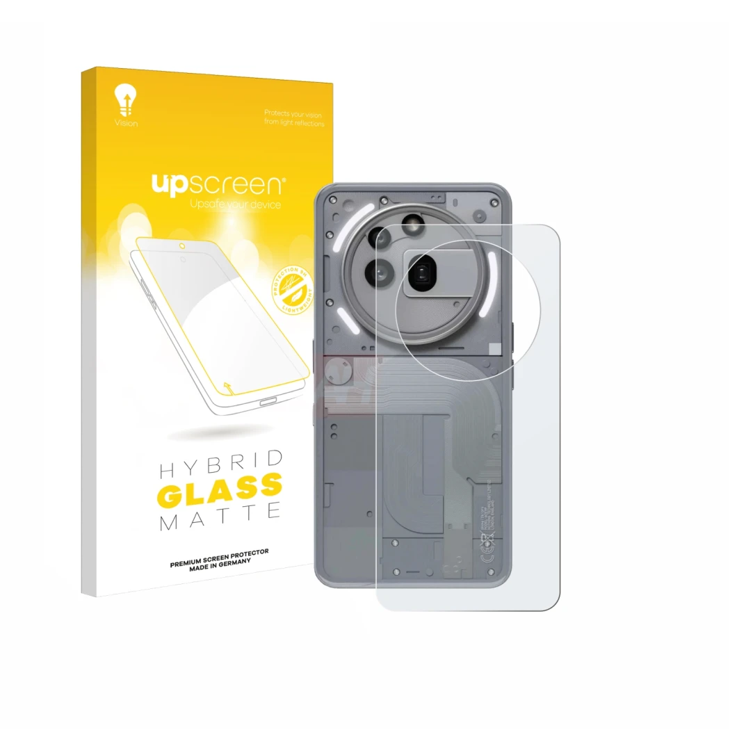 Face avant d’un emballage produit avec le logo de la marque upscreen. À côté, l’appareil Nothing Phone (3a) Pro (Arrière) est 