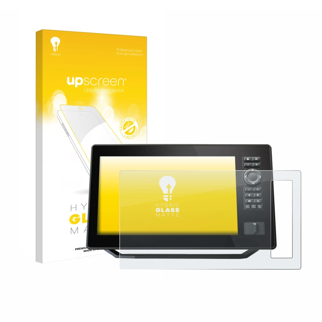 Face avant d’un emballage produit avec le logo de la marque upscreen. À côté, l’appareil Humminbird Xplore 10 est représenté a