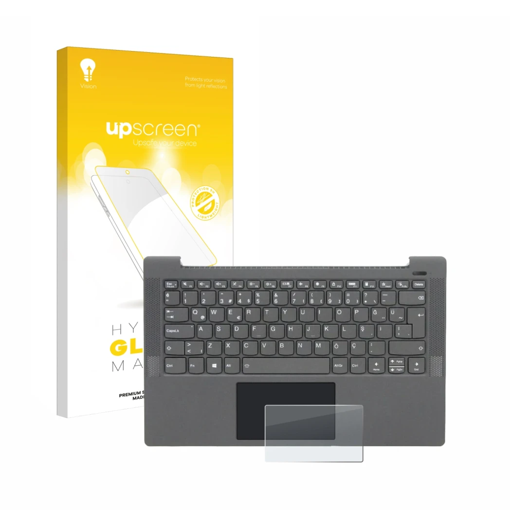 Face avant d’un emballage produit avec le logo de la marque upscreen. À côté, l’appareil Lenovo IdeaPad 5 14ALC05 Touchpad est