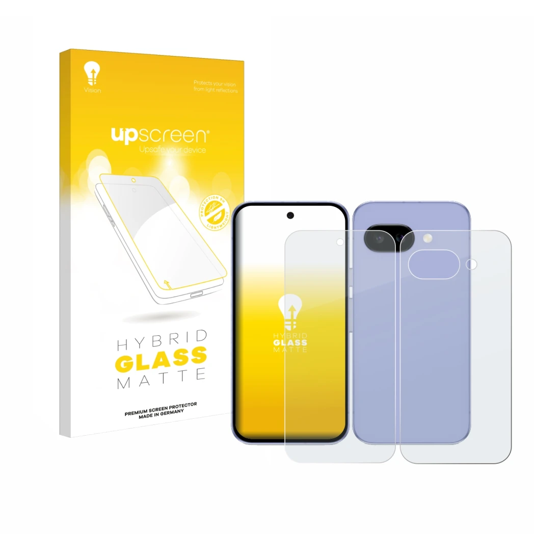 Face avant d’un emballage produit avec le logo de la marque upscreen. À côté, l’appareil Google Pixel 9a (Avant+Arrière) est r