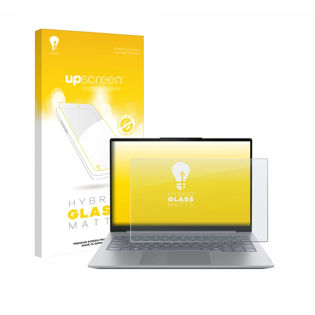 Face avant d’un emballage produit avec le logo de la marque upscreen. À côté, l’appareil Lenovo ThinkBook 14 Gen 8 est représe