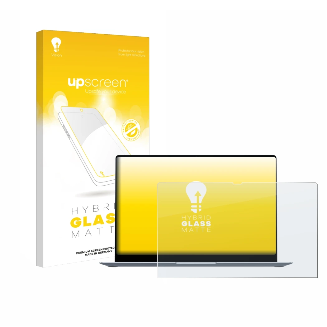 Face avant d’un emballage produit avec le logo de la marque upscreen. À côté, l’appareil Samsung Galaxy Book4 15.6