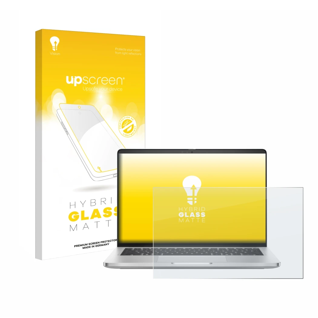 Face avant d’un emballage produit avec le logo de la marque upscreen. À côté, l’appareil Dell Pro 14 Plus PB14250 est représen