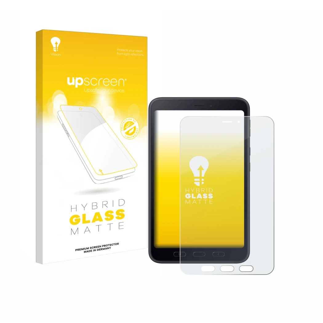 Face avant d’un emballage produit avec le logo de la marque upscreen. À côté, l’appareil Samsung galaxy Tab Active 5 5G Enterp