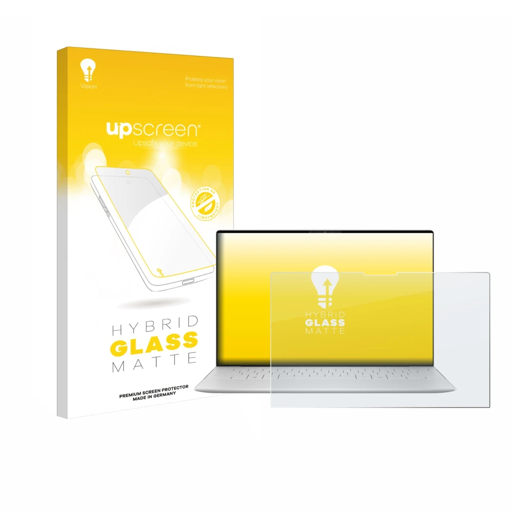 Face avant d’un emballage produit avec le logo de la marque upscreen. À côté, l’appareil Dell XPS 13 9350 2024 est représenté 