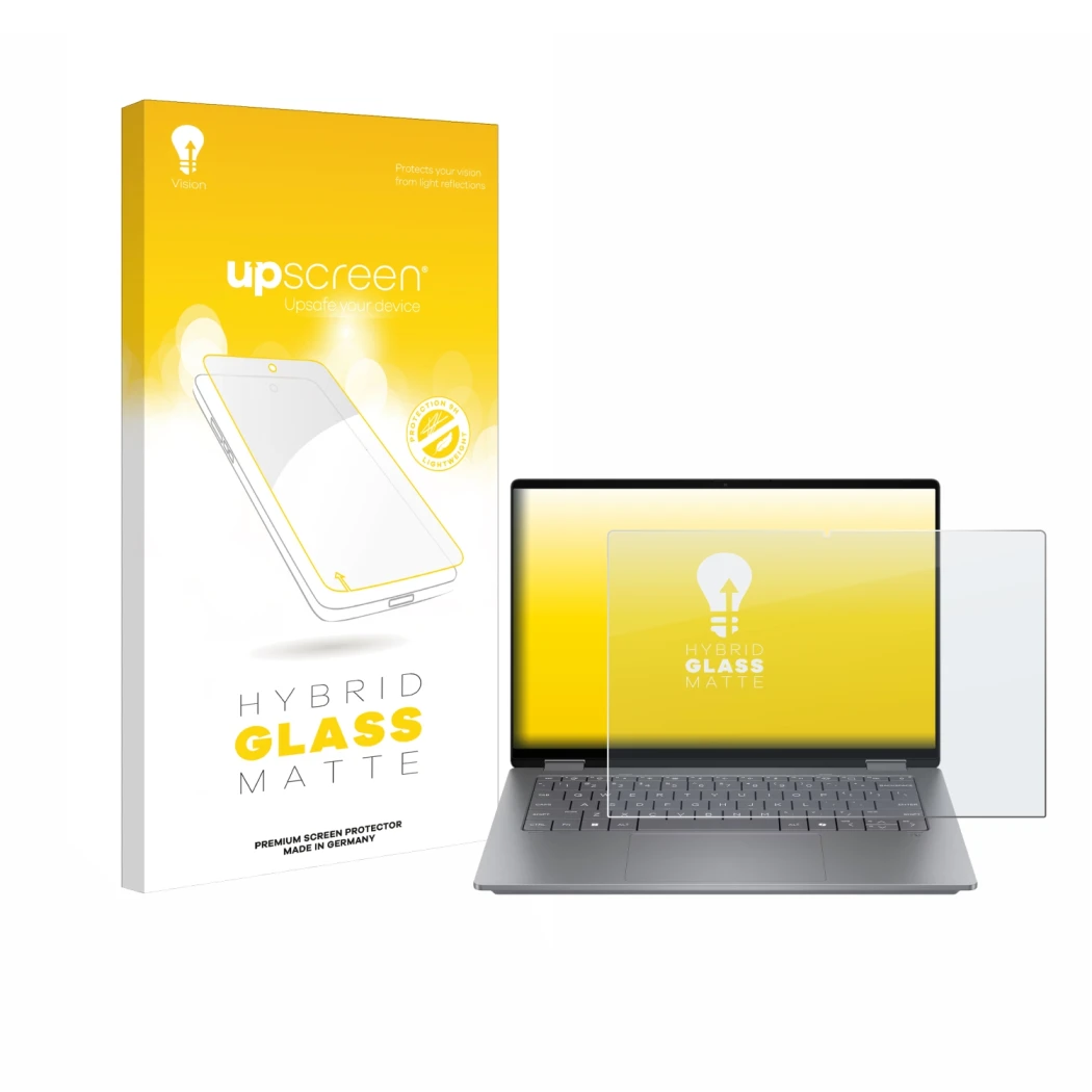 Face avant d’un emballage produit avec le logo de la marque upscreen. À côté, l’appareil HP OmniBook X Flip 14 est représenté 