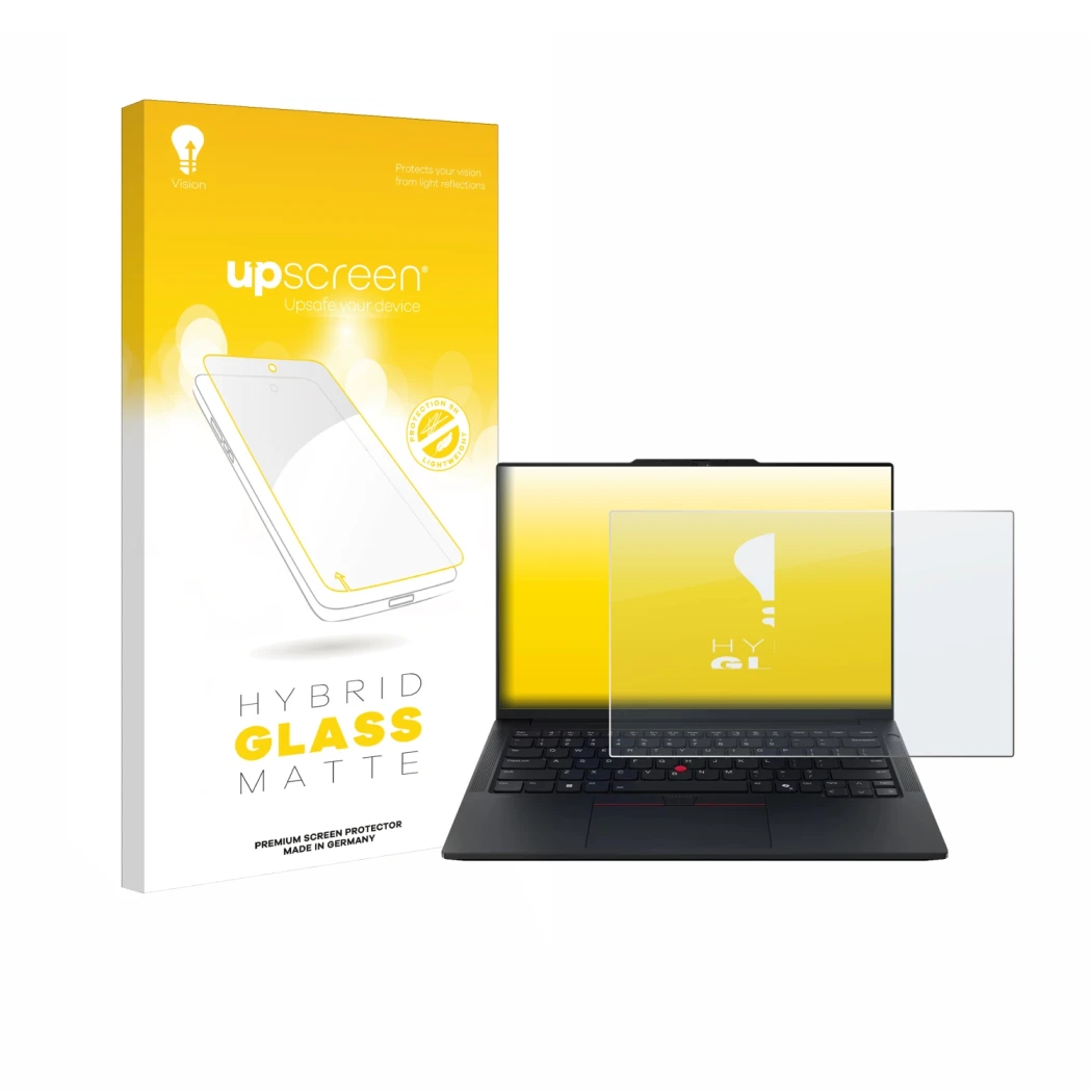 Face avant d’un emballage produit avec le logo de la marque upscreen. À côté, l’appareil Lenovo ThinkPad E14 Gen 7 est représe