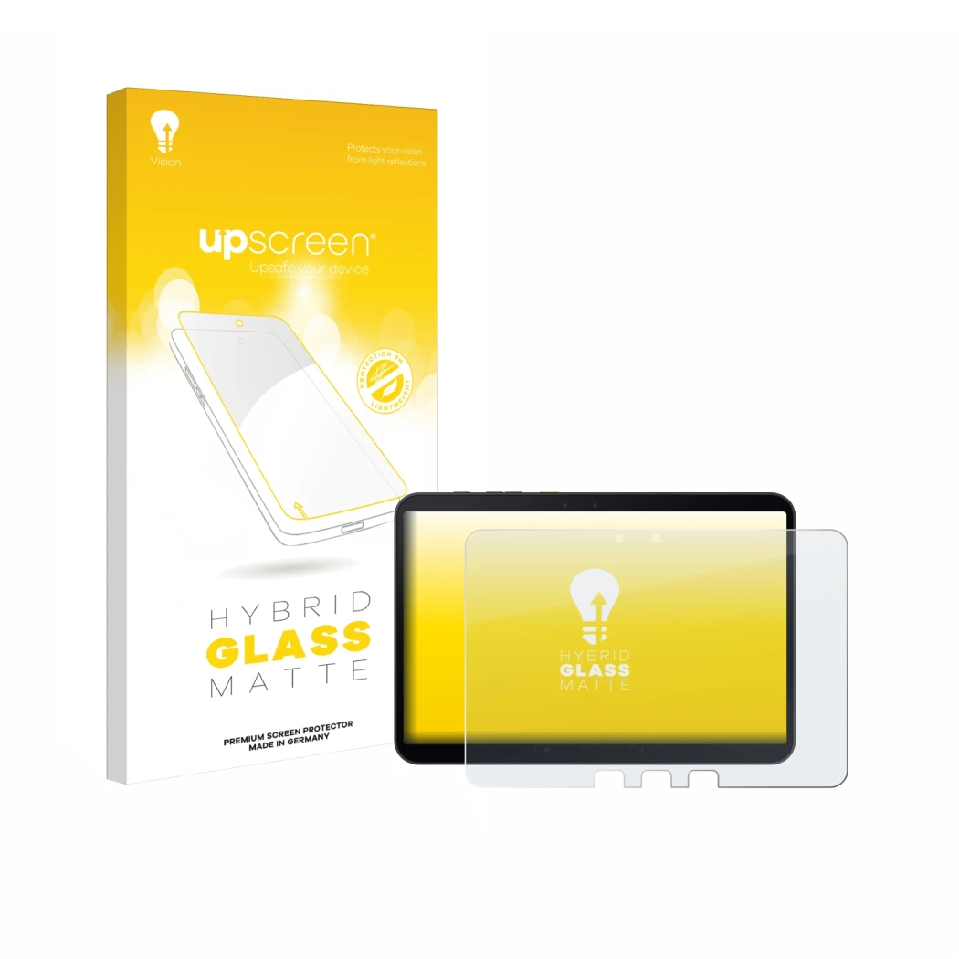 Face avant d’un emballage produit avec le logo de la marque upscreen. À côté, l’appareil Samsung Galaxy Tab Active 5 Pro est r