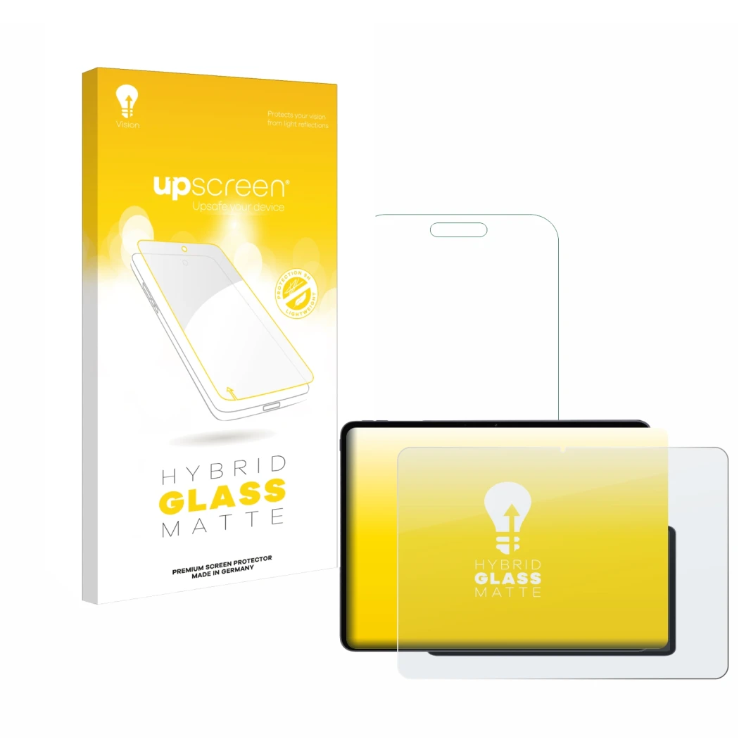 Face avant d’un emballage produit avec le logo de la marque upscreen. À côté, l’appareil OnePlus Pad 3 est représenté avec la 