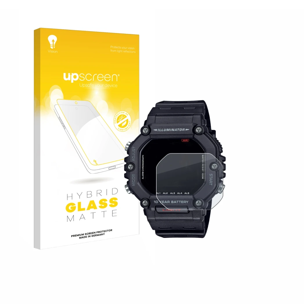 Face avant d’un emballage produit avec le logo de la marque upscreen. À côté, l’appareil Casio AE-1600H est représenté avec la