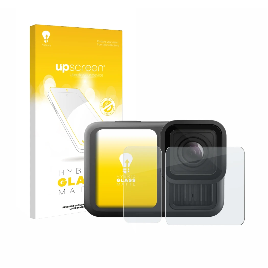 Face avant d’un emballage produit avec le logo de la marque upscreen. À côté, l’appareil GoPro Hero 13 Black Ultra Wide Editio