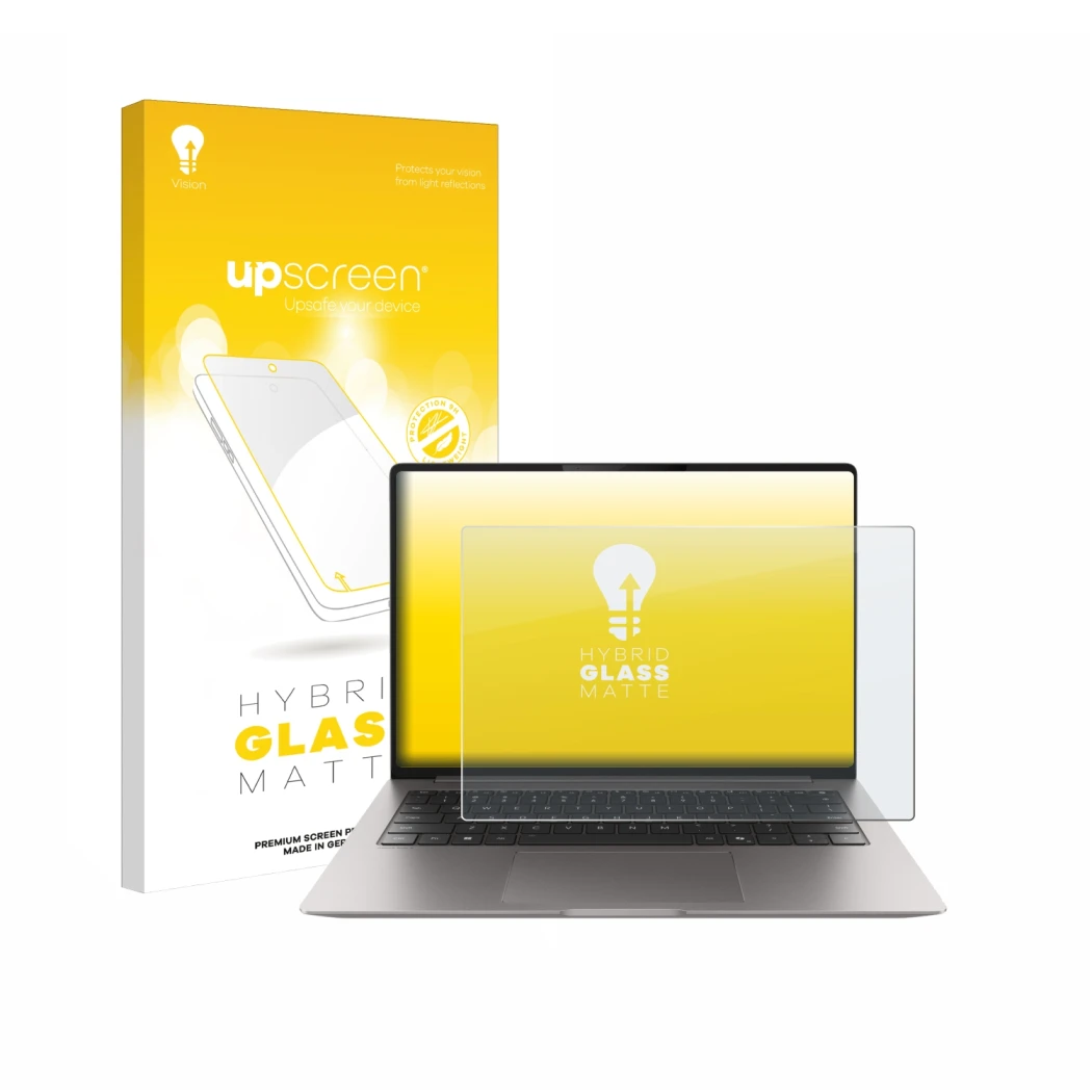 Face avant d’un emballage produit avec le logo de la marque upscreen. À côté, l’appareil Honor MagicBook Pro 14 est représenté