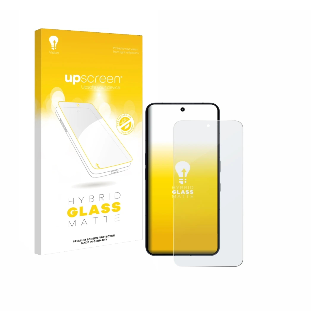 Face avant d’un emballage produit avec le logo de la marque upscreen. À côté, l’appareil Nothing Phone (3) est représenté avec