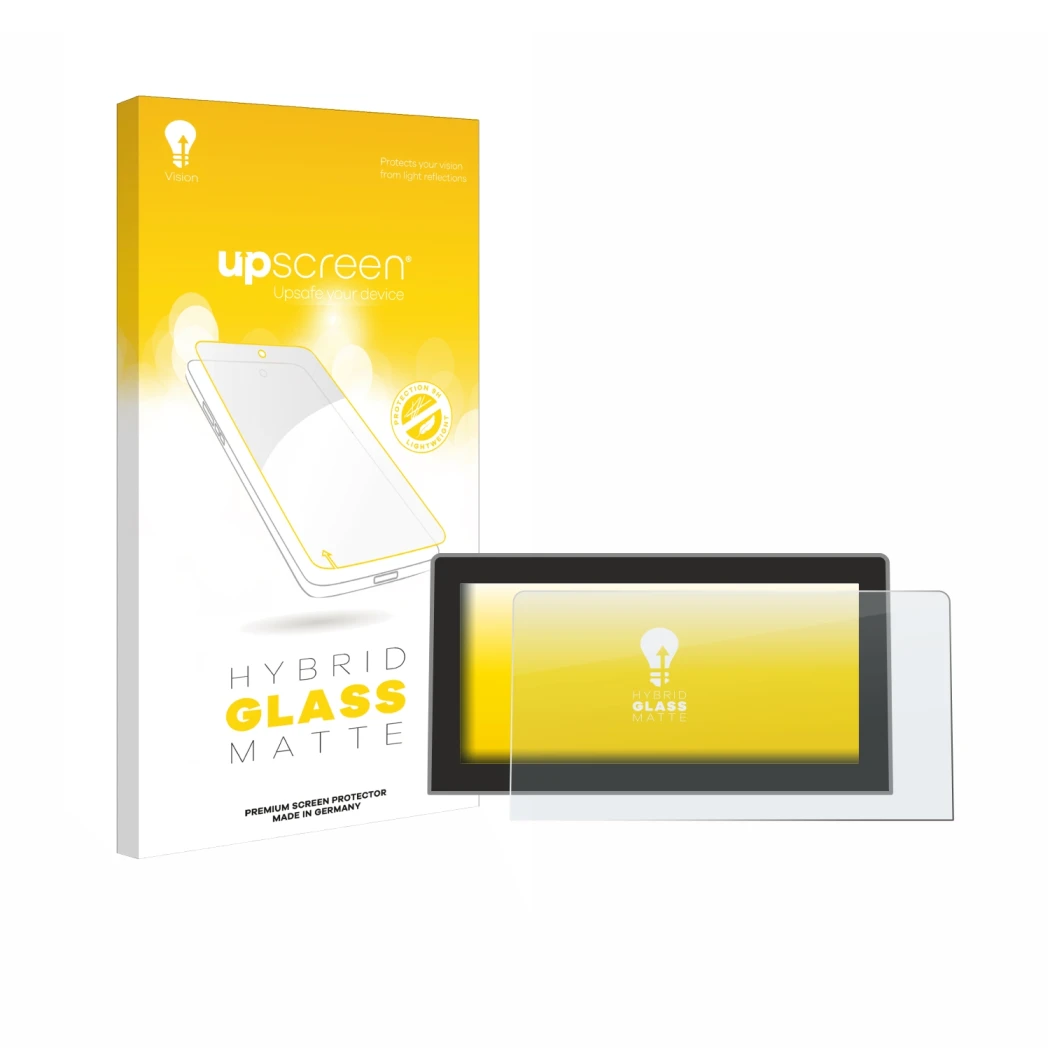 Face avant d’un emballage produit avec le logo de la marque upscreen. À côté, l’appareil Volkswagen Golf MK8.5 12.9