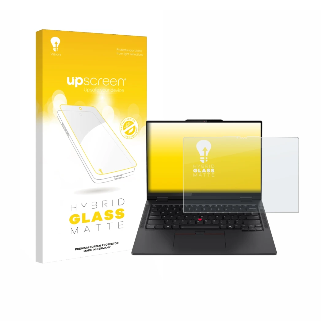 Face avant d’un emballage produit avec le logo de la marque upscreen. À côté, l’appareil Lenovo ThinkPad T14s 2-in-1 est repré