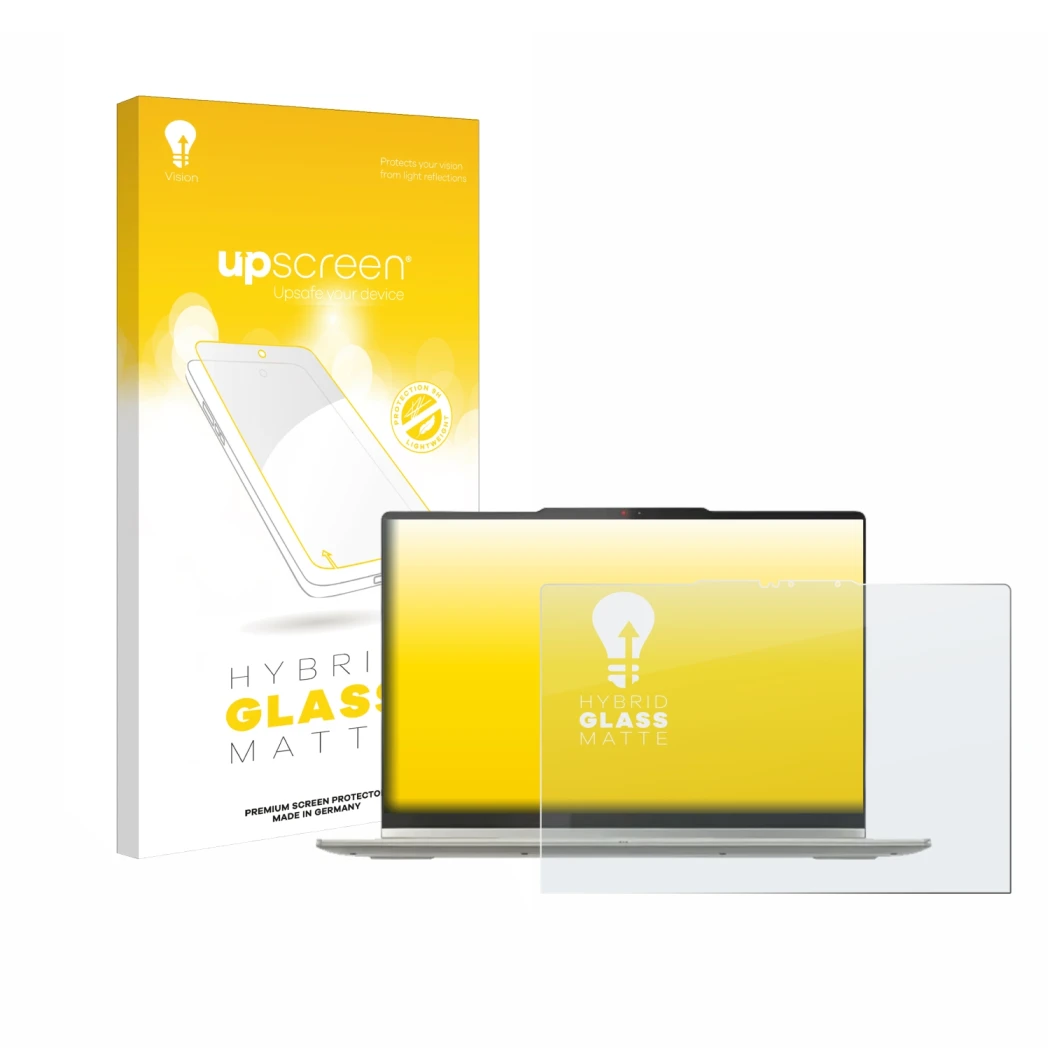 Face avant d’un emballage produit avec le logo de la marque upscreen. À côté, l’appareil Lenovo Yoga 7 2-in-1 Gen 10 14