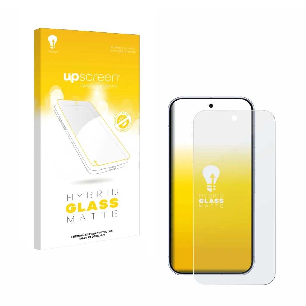 Face avant d’un emballage produit avec le logo de la marque upscreen. À côté, l’appareil Google Pixel 10 Pro est représenté av