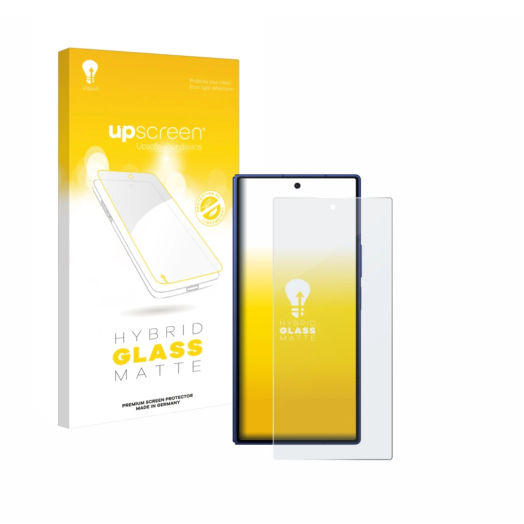 Face avant d’un emballage produit avec le logo de la marque upscreen. À côté, l’appareil Samsung Galaxy Z Fold 7 est représent