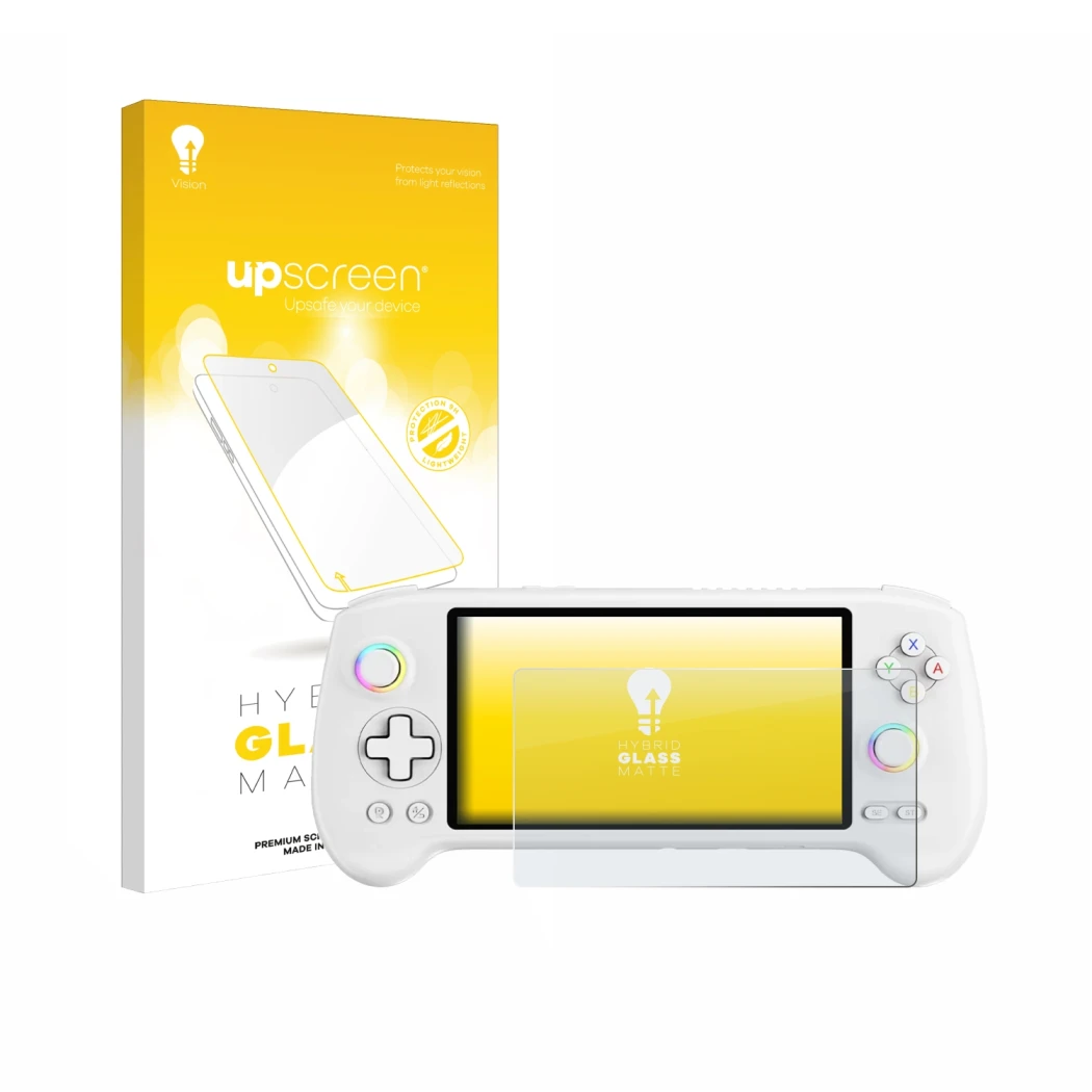 Face avant d’un emballage produit avec le logo de la marque upscreen. À côté, l’appareil Anbernic RG557 est représenté avec la