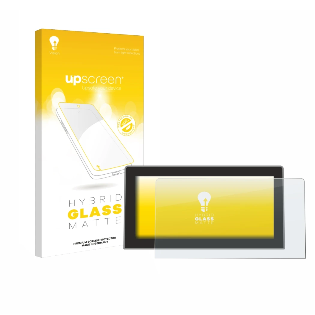 Face avant d’un emballage produit avec le logo de la marque upscreen. À côté, l’appareil Volkswagen Tiguan 3 2024 2025 12.9